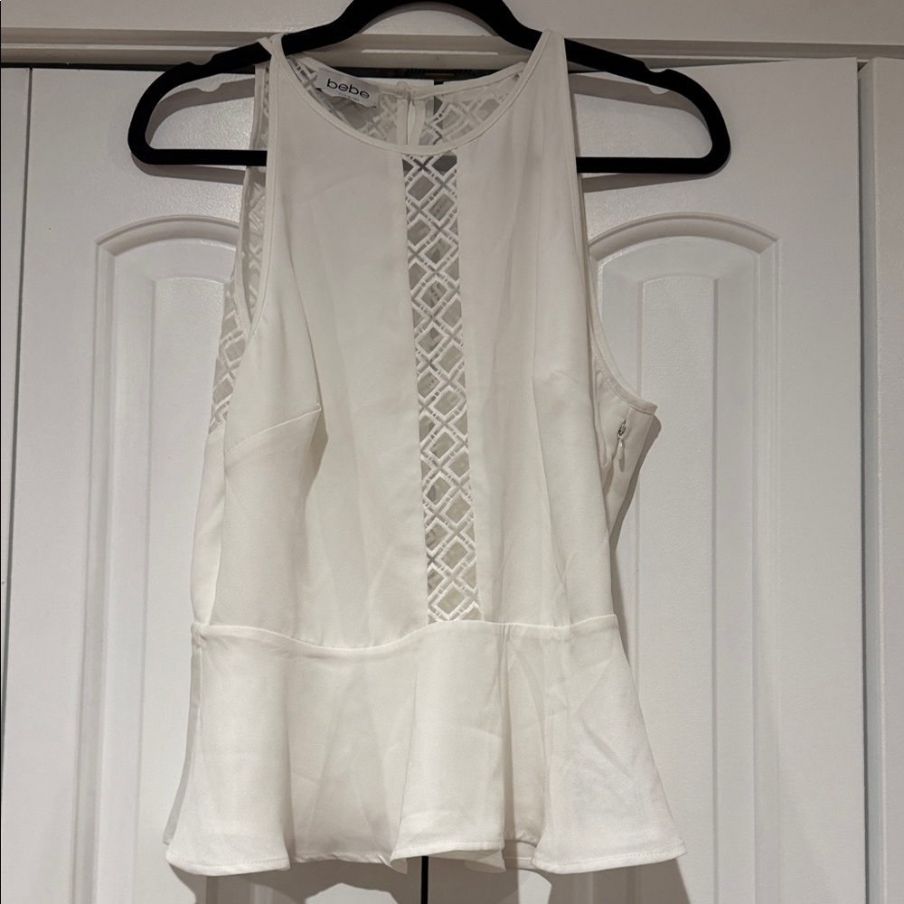 Bebe Ivory Sleeveless peplum Blouse‎ with Lace Detail 10 NWT